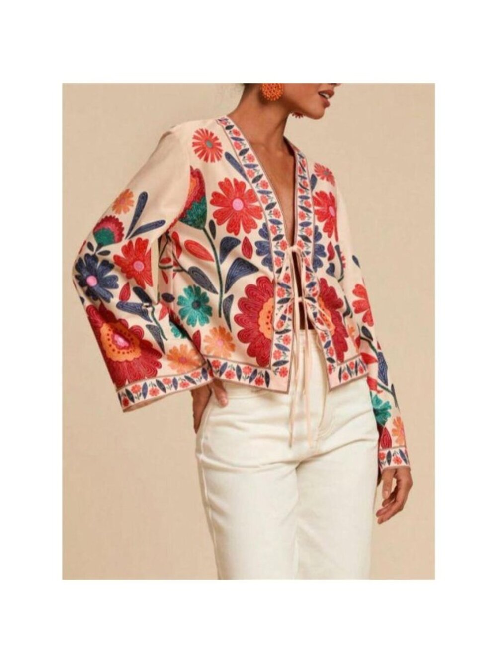 Floral Embroidered Tie-Front Shirt